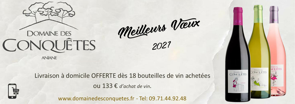 Domaine des Conquêtes à Aniane offre la livraison à domicile dès 18 bouteilles de vin achetées. Domaine des Conquêtes à Aniane offre la livraison à domicile dès 18 bouteilles de vin achetées.