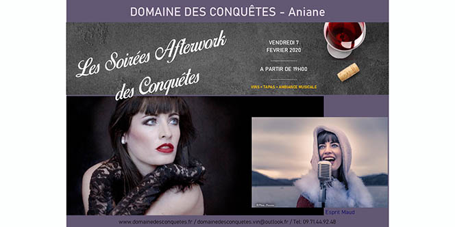 Domaine des Conquêtes à Aniane annonce une soirée Afterwork ce vendredi 7 février à partir de 19h.