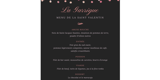 Restaurant La Garrigue Juvignac présente son Menu Saint Valentin à déguster au sein du Quality Hotel Golf Resort de Fontcaude à Juvignac.