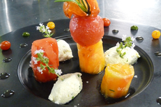Restaurant luxe Montpellier Le Mazerand à Lattes présente une cuisine gastronomique ici savoureuse déclinaison de Tomates (® SAAM-Fabrice Chort)