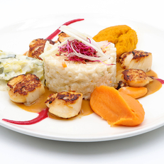 Restaurant L'O3 à Castries et sa cuisine faite maison avec produits frais. Ici un risotto et noix de Saint Jacques (® SAAM- fabrice CHORT)